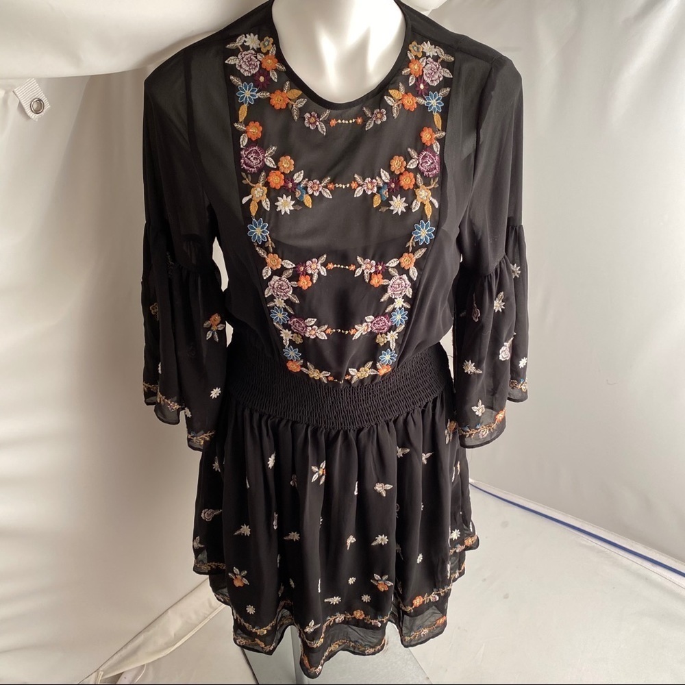 Maeve Anfisa black multicolor embroidered floral blouson dress
